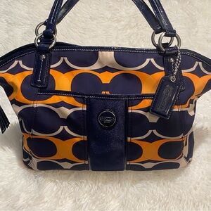 Coach Signature Satchel Navy and Orange Handbag With Leather Trim. COA!